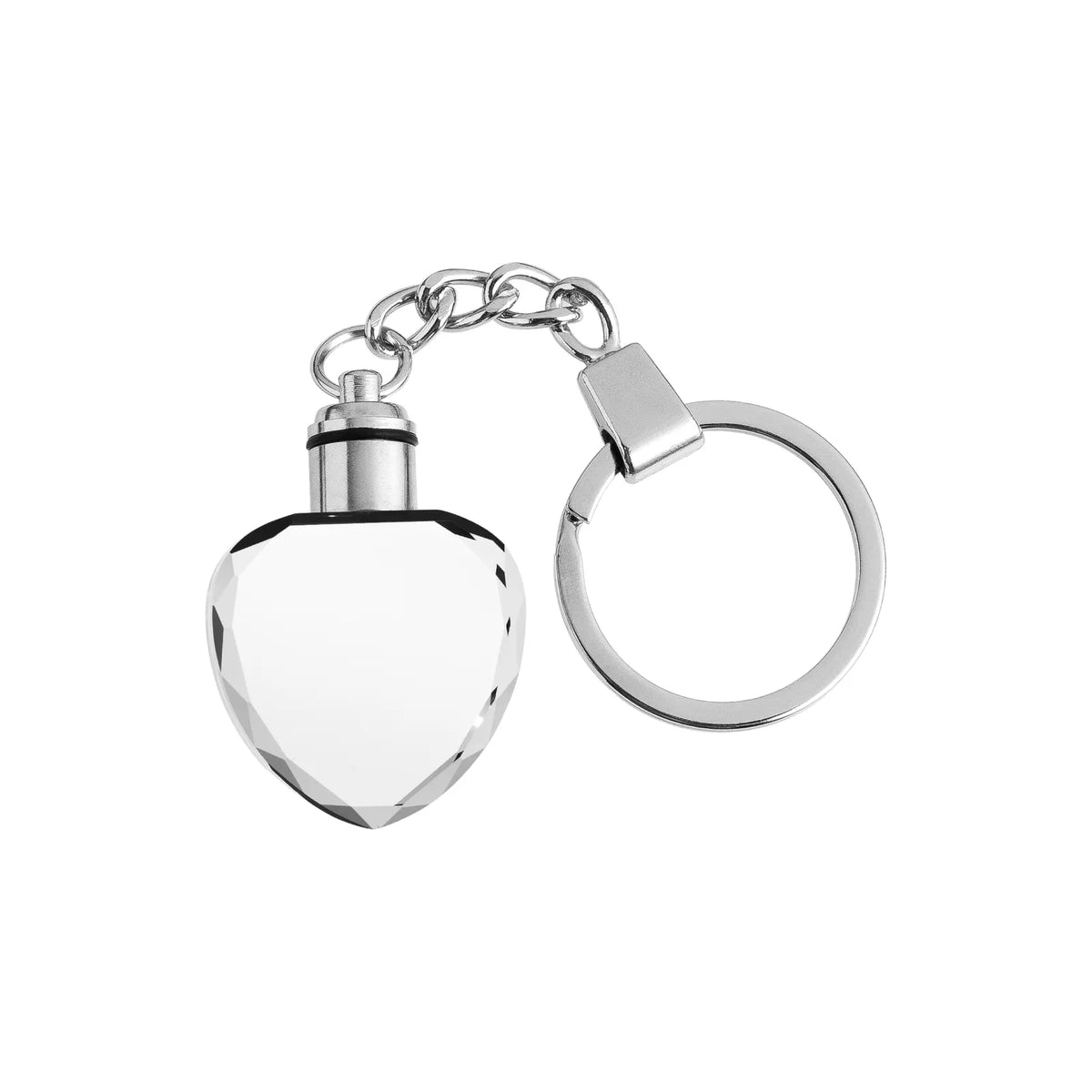 Light-up heart crystal keychain engraved with a photo, glowing in color-changing LED light