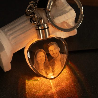 Personalized photo engraved inside a crystal keychain, lit by multicolor LED