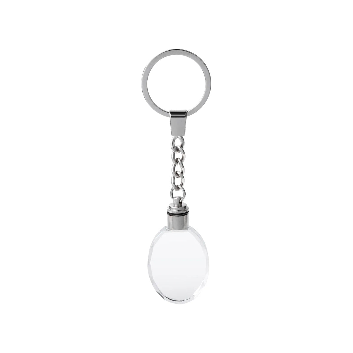 Light-up oval crystal keychain glowing with color-changing LED light