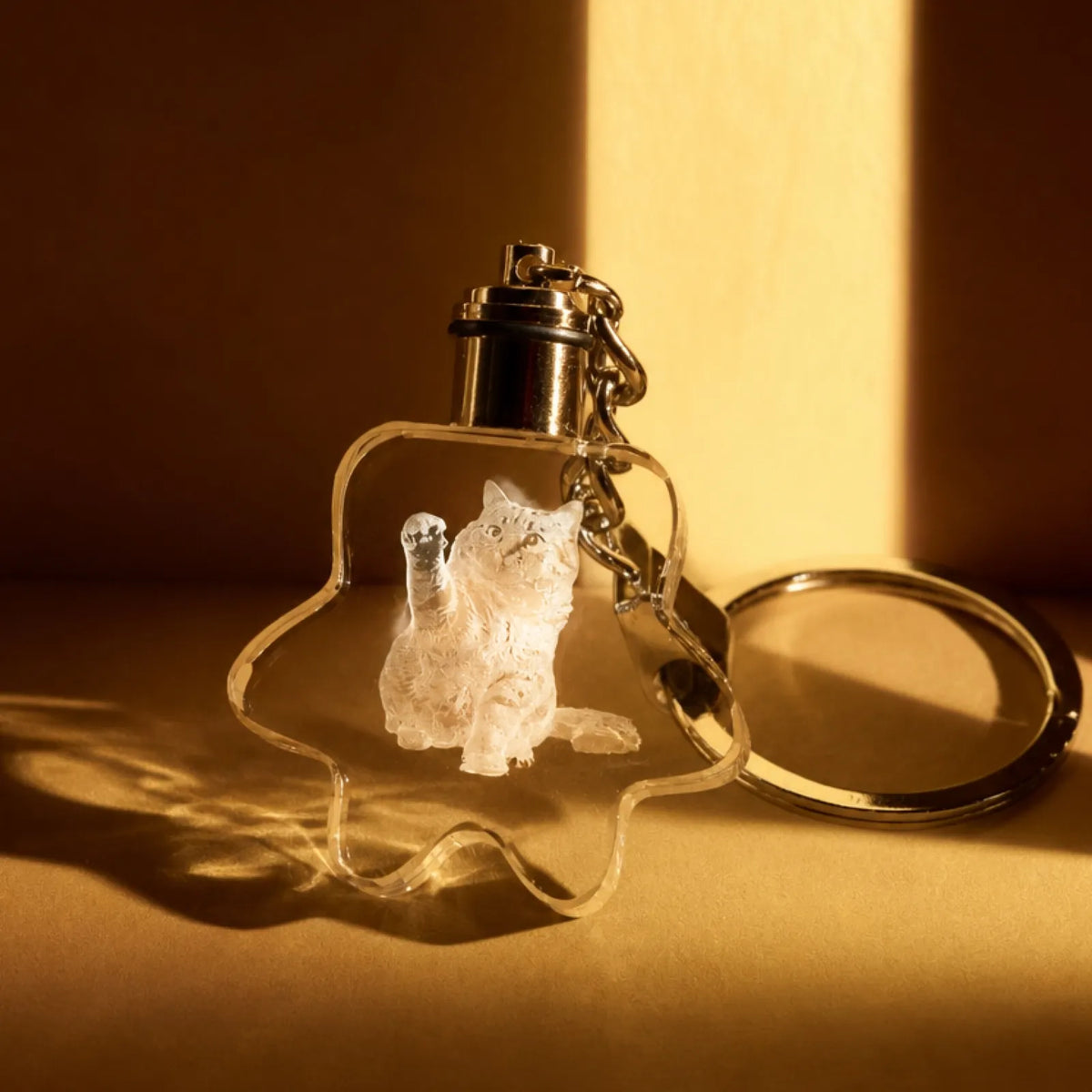 Light-up paw print crystal keychain glowing with color-changing LED light