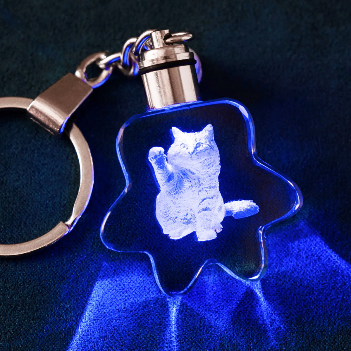 Personalized paw print crystal keychain engraved with a pet portrait, lit in multicolor LED
