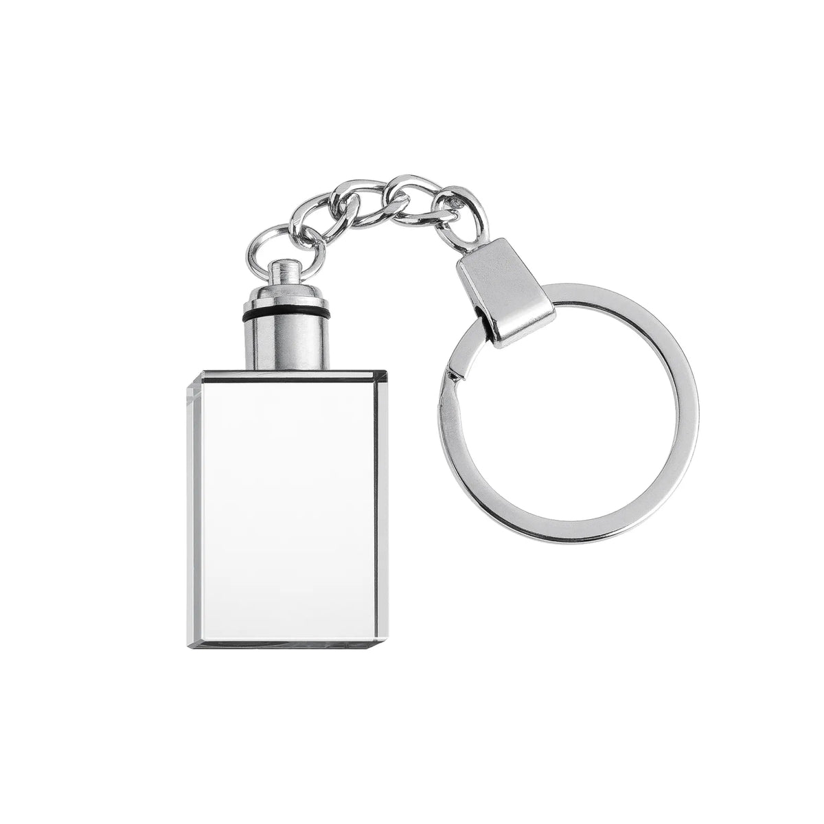 Light-up rectangle crystal keychain engraved with a photo, glowing in color-changing LED light