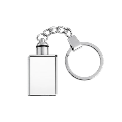 Light-up rectangle crystal keychain engraved with a photo, glowing in color-changing LED light