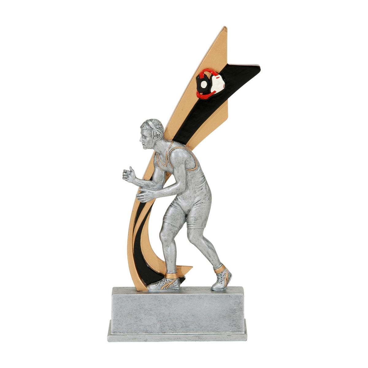Live Action wrestling trophy with a silver wrestler in stance against a black and gold swoosh on a silver base