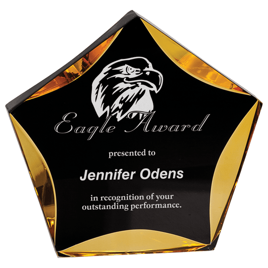 Black & Gold Luminary Star Acrylic award, 5", self-standing acrylic with clear engraving area