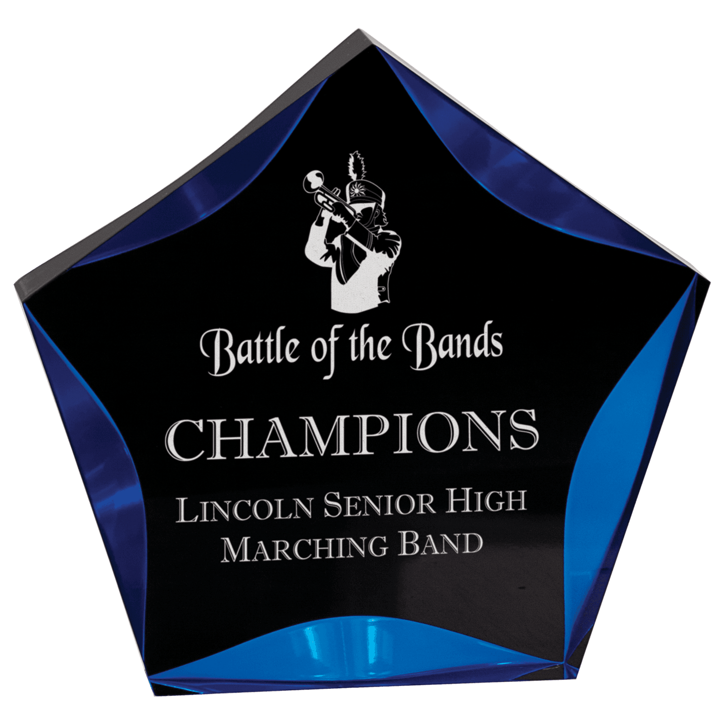 Black & Blue Luminary Star Acrylic award, 7", self-standing acrylic with clear engraving area
