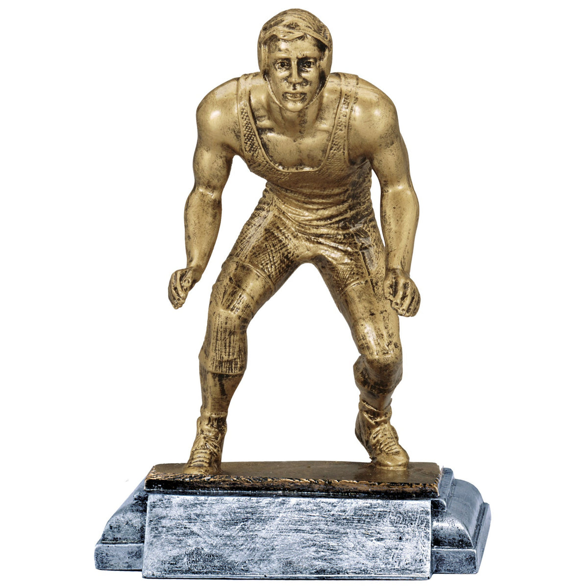 7.5 inch male wrestler figure trophy in antique gold ready stance on a pewter-tone engraving base