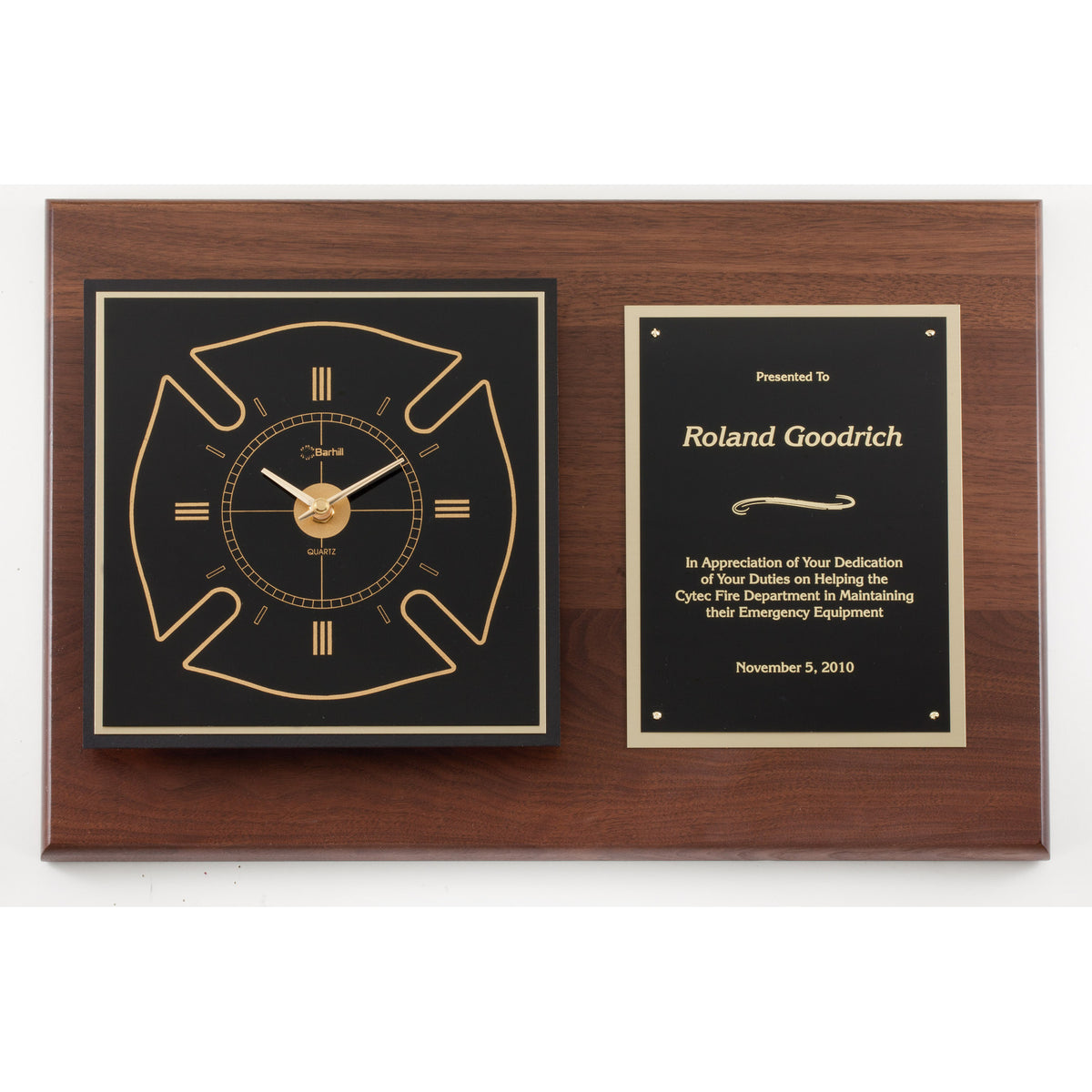 Walnut plaque with black and gold Maltese cross clock and engraved presentation plate