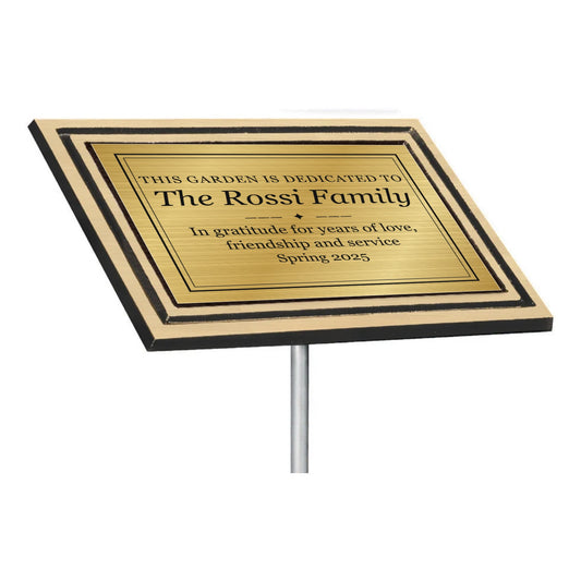 Bronze and gold cast aluminum garden dedication plaque on a stake with engraved gold plate