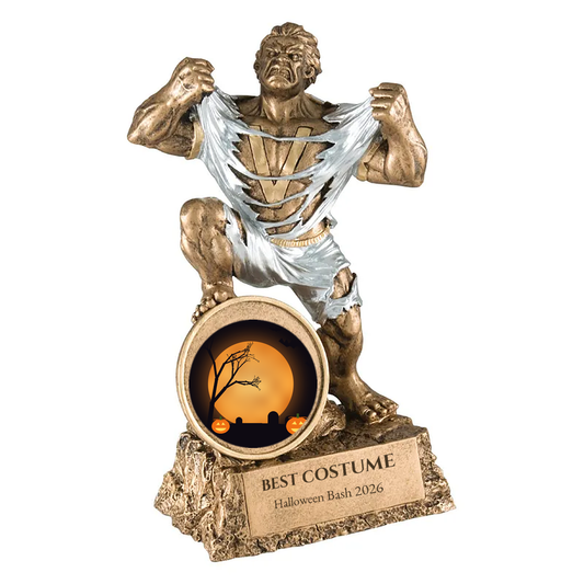Hand-painted resin monster trophy with full-color Halloween custom insert and engraved Best Costume plate