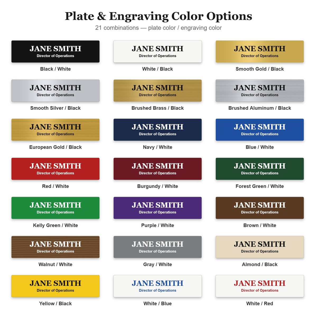 Name plate color chart showing all 21 plate and engraving color combinations