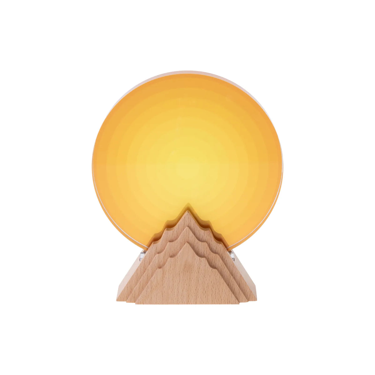 Orange round crystal award on a natural beechwood mountain-shaped base, front view