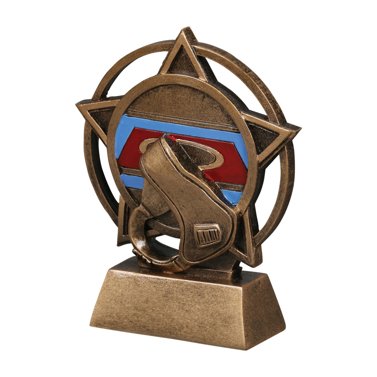 Orbit wrestling headgear trophy shown from the left side