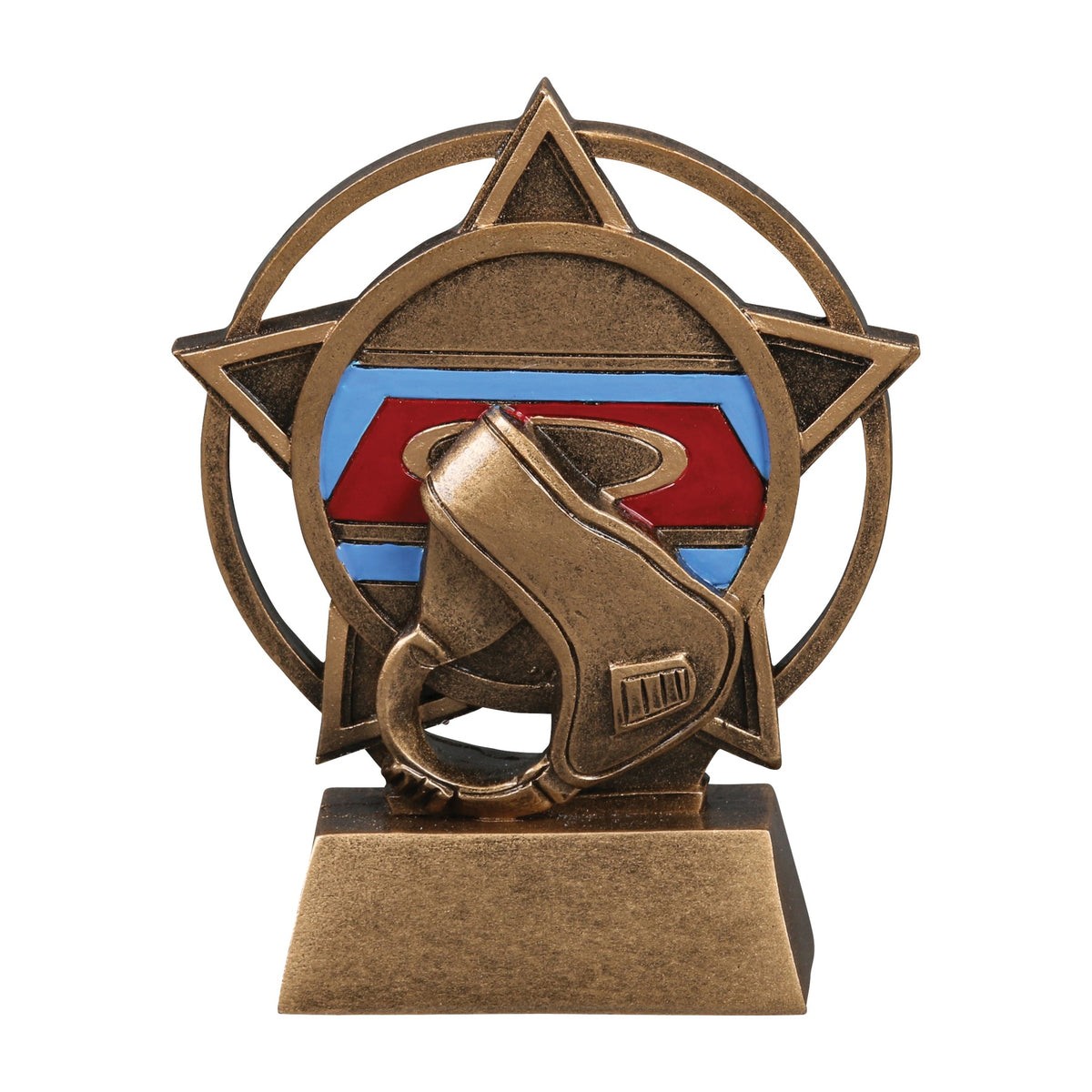 Orbit wrestling trophy with bronze headgear inside a star and ring on a red and blue background