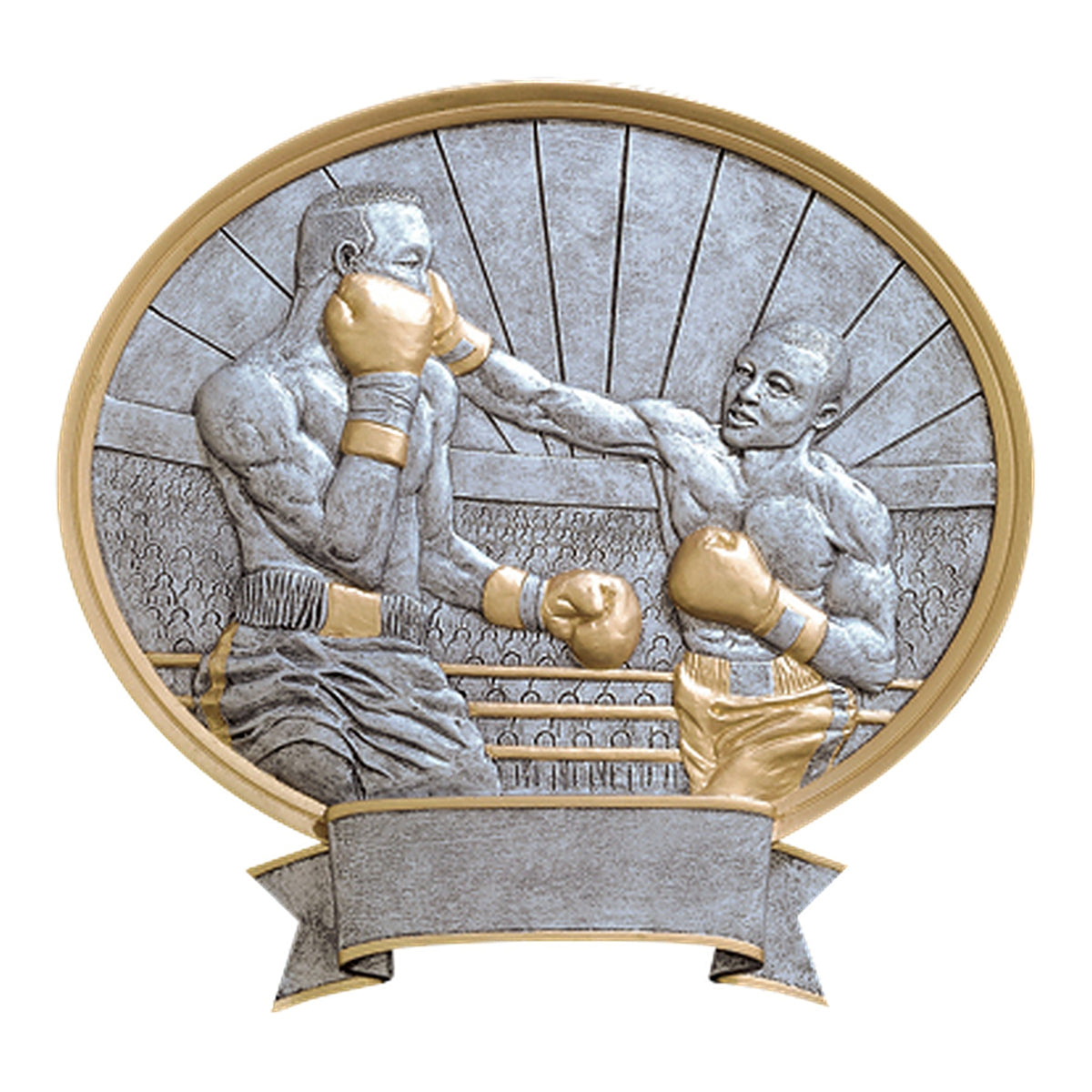 Oval Legend boxing award with two boxers in silver relief inside the ring, gold gloves and banner plate