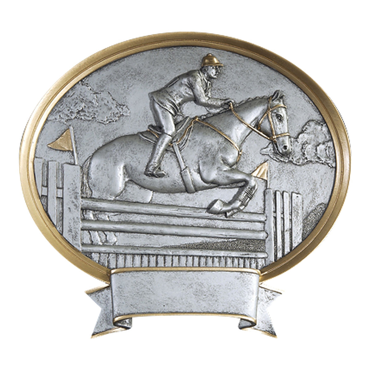 Oval Legend equestrian award with a horse and rider clearing a jump in silver relief, gold trim and banner plate