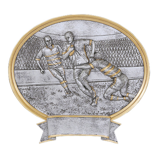 Oval Legend rugby award with a silver relief tackle scene, gold trim and banner engraving plate