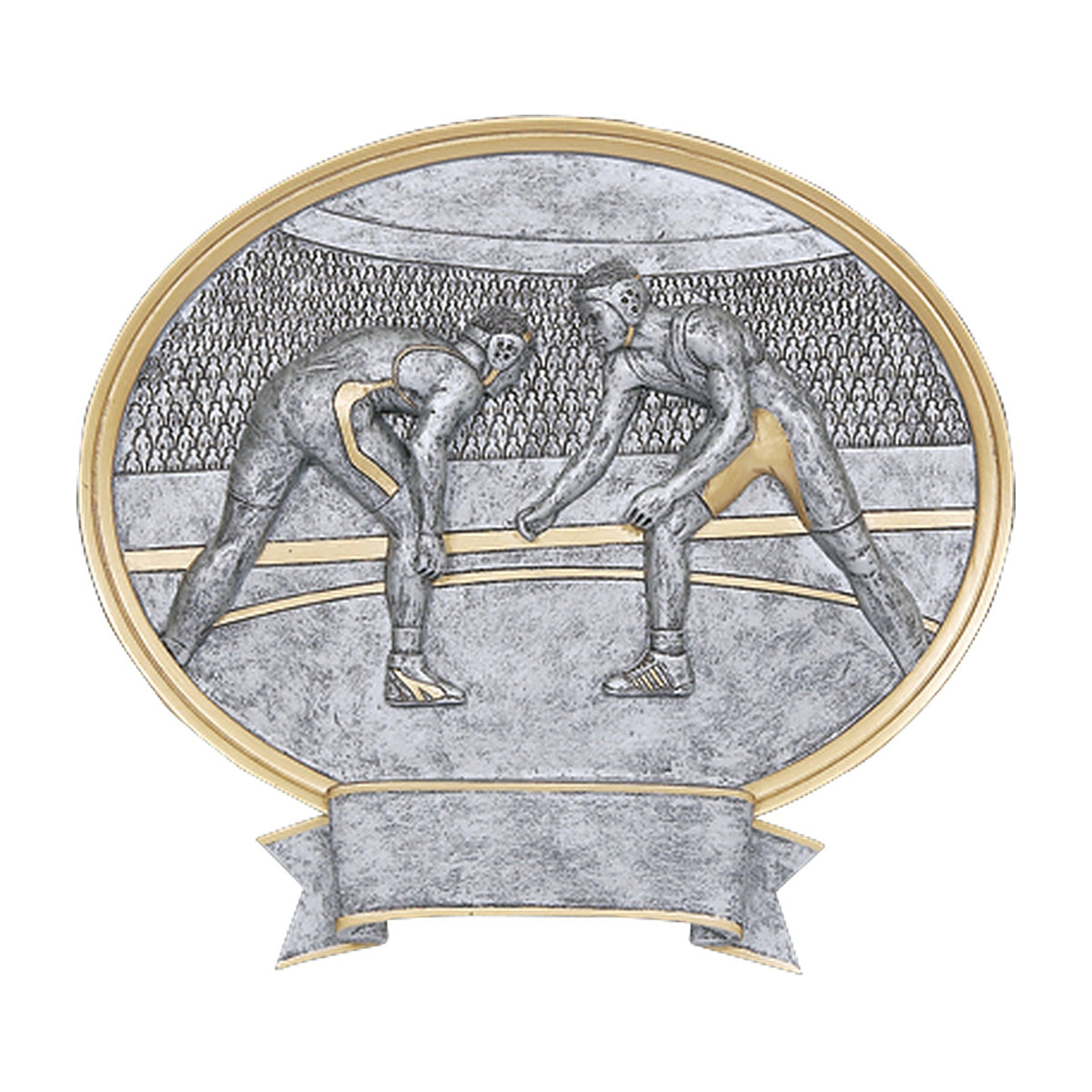 Oval wrestling award with two silver wrestlers facing off in an arena scene and a banner engraving plate