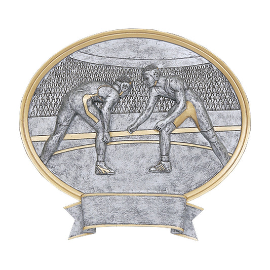 Oval wrestling award with two silver wrestlers facing off in an arena scene and a banner engraving plate