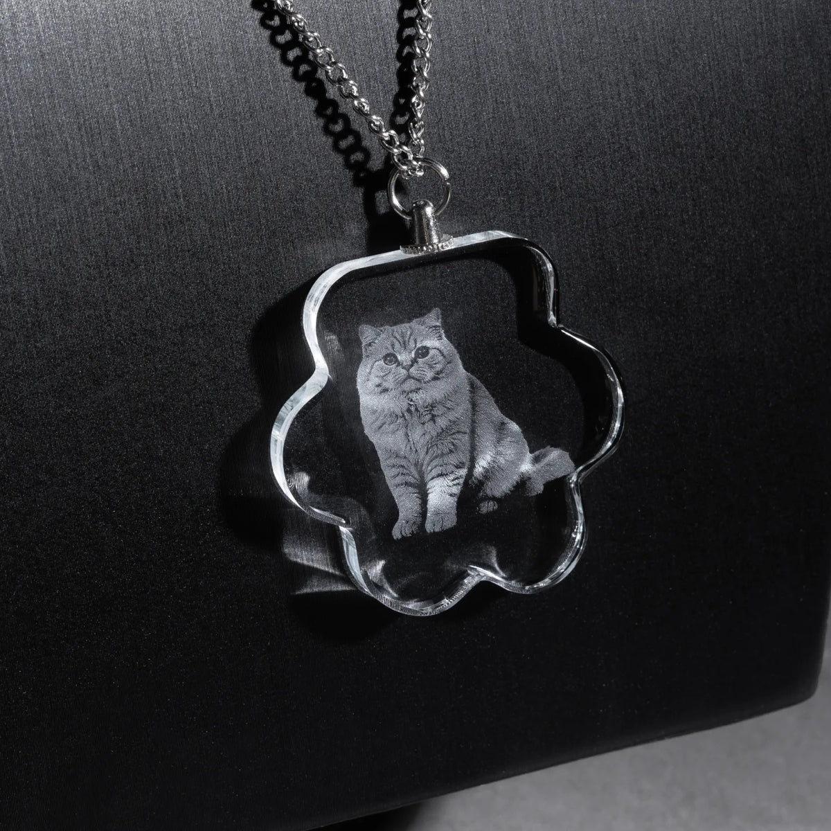 Personalized paw print crystal pendant necklace with a pet photo engraved inside