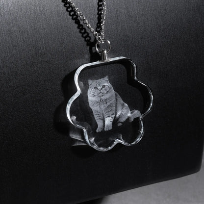 Personalized paw print crystal pendant necklace with a pet photo engraved inside