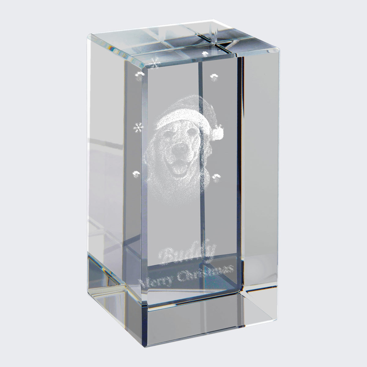 Pet photo with Santa hat engraved inside clear crystal