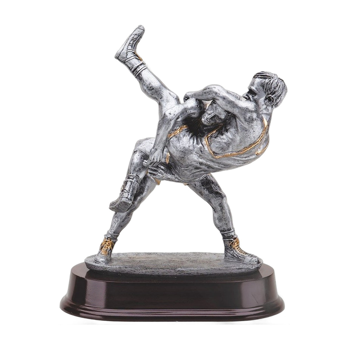 Pewter-finish double wrestler trophy showing a high-amplitude throw with gold trim on a dark wood-tone base