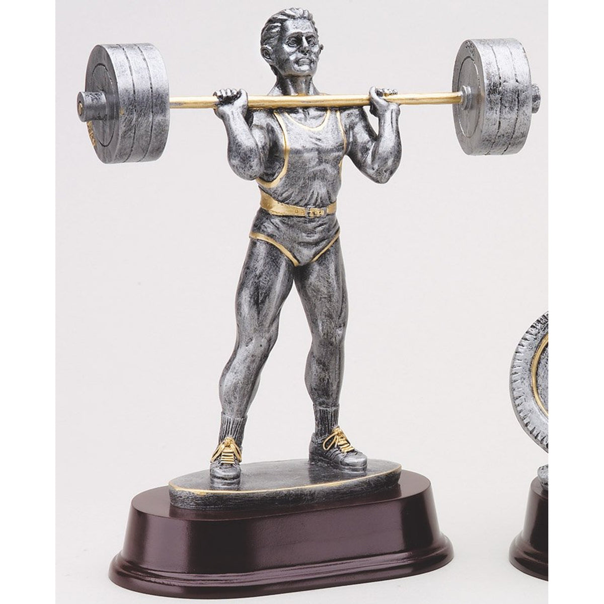Pewter Overhead Press Weightlifting Trophy with engraving plate