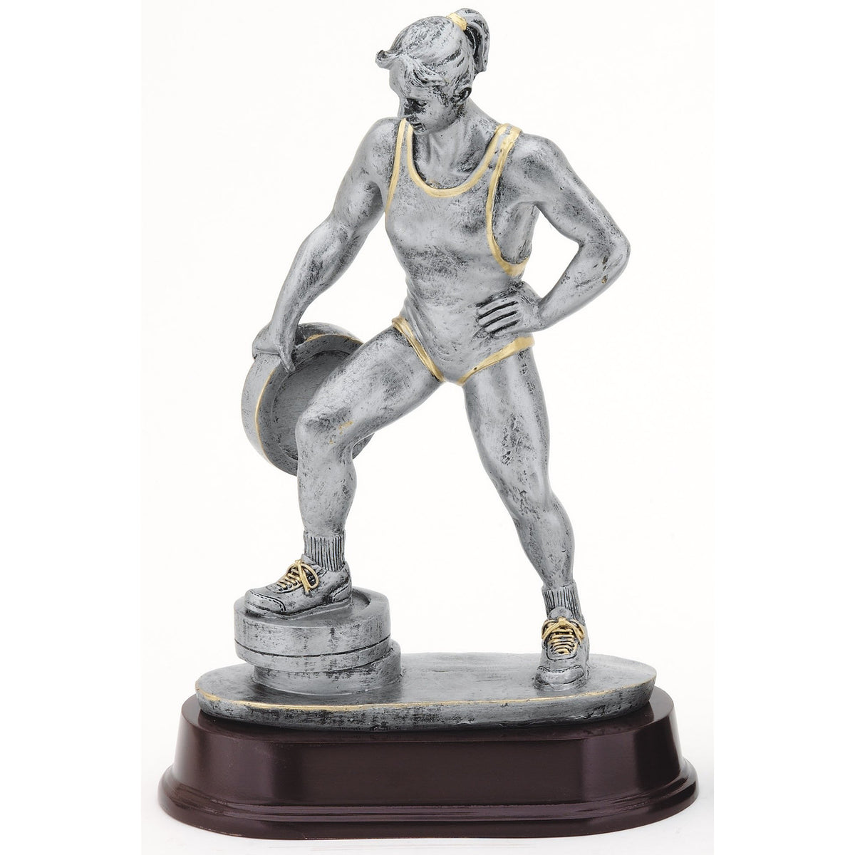 Pewter Weightlifter Trophy - Female with engraving plate