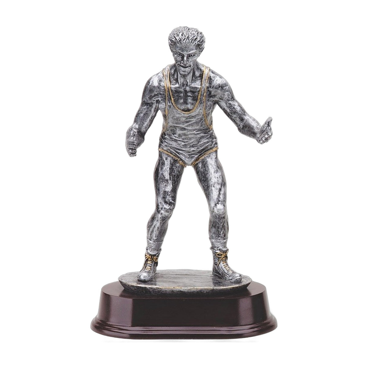 Pewter-finish wrestler trophy in ready stance with gold singlet trim on a dark wood-tone base