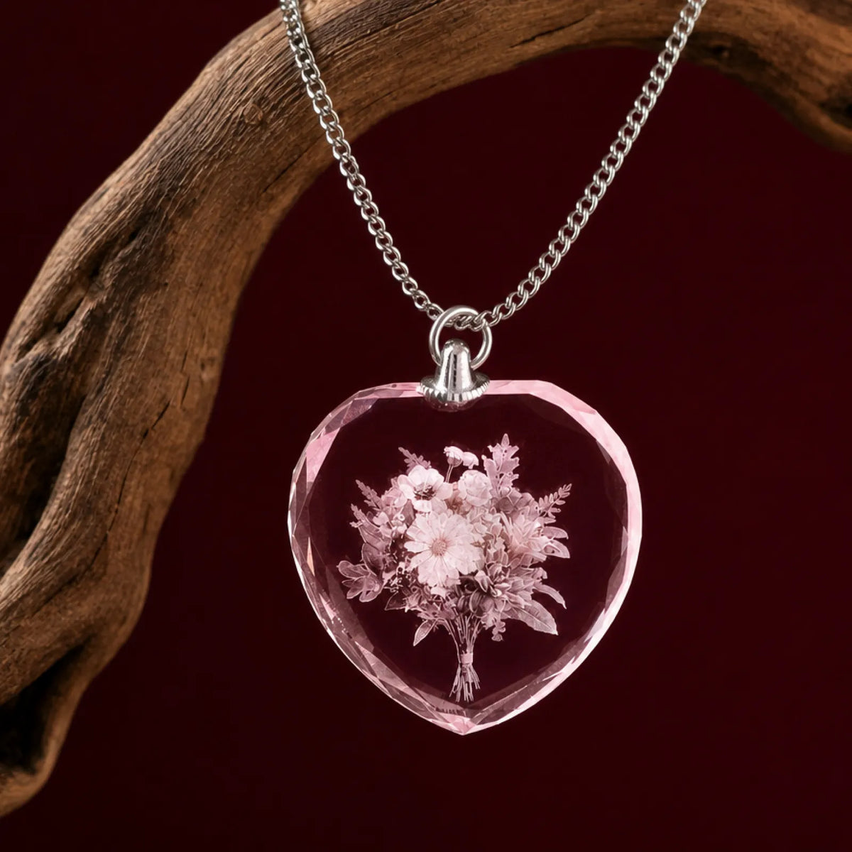 Pink crystal heart photo pendant necklace, close-up