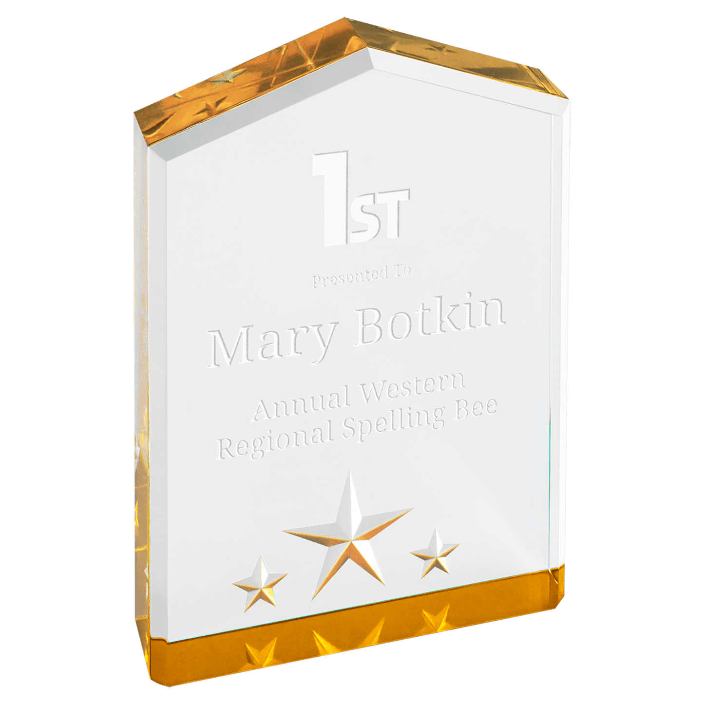 Gold Star Point Acrylic award, 5", self-standing acrylic with clear engraving area