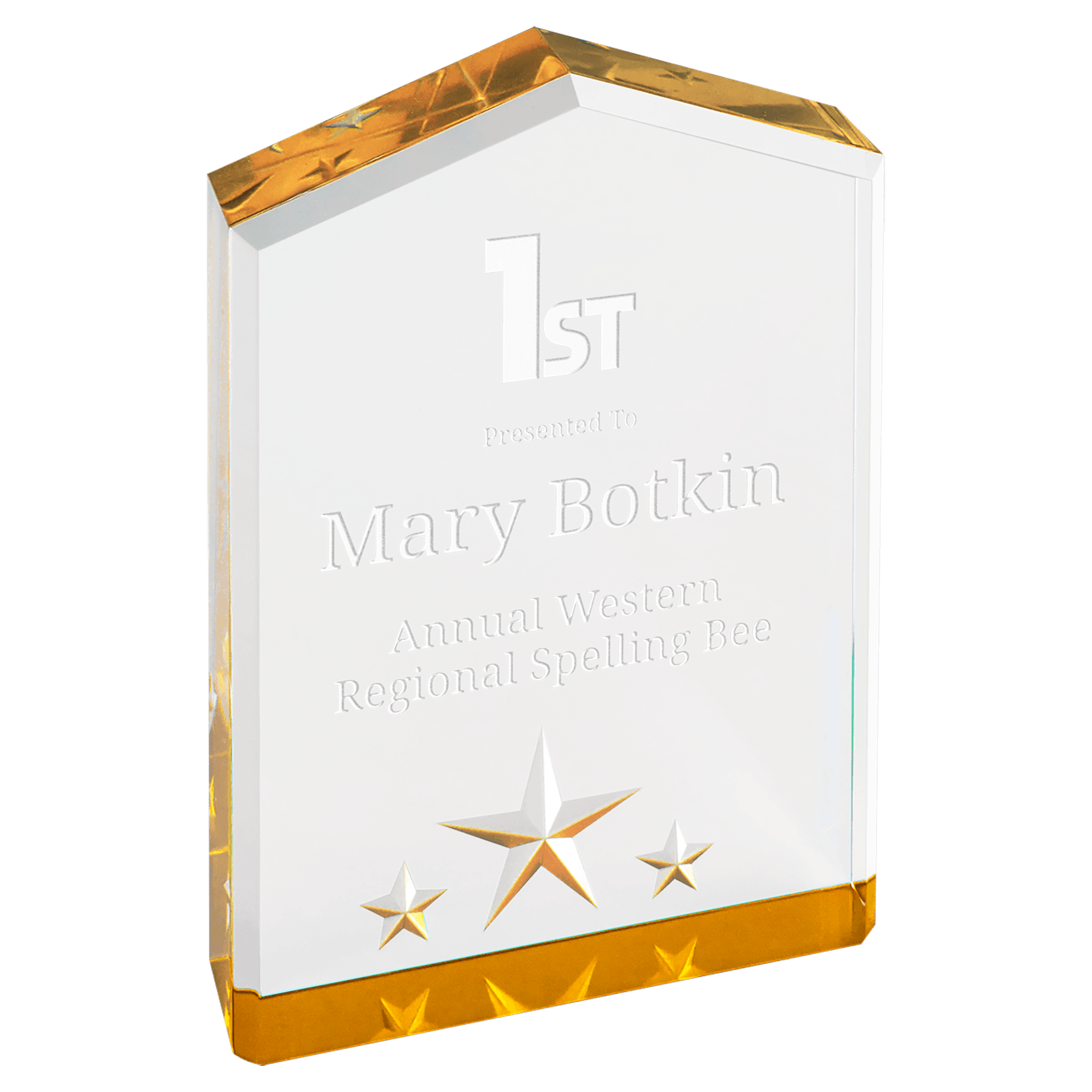 Gold Star Point Acrylic award, 5", self-standing acrylic with clear engraving area