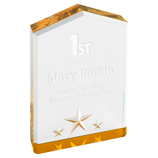Gold Star Point Acrylic award, 5", self-standing acrylic with clear engraving area