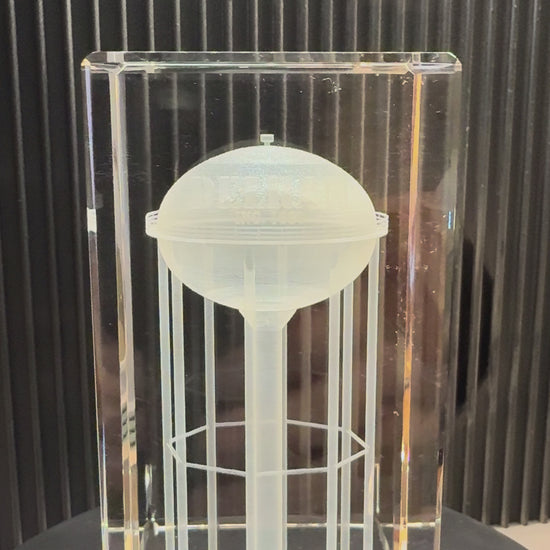 rotating 3d crystal block with water tower design
