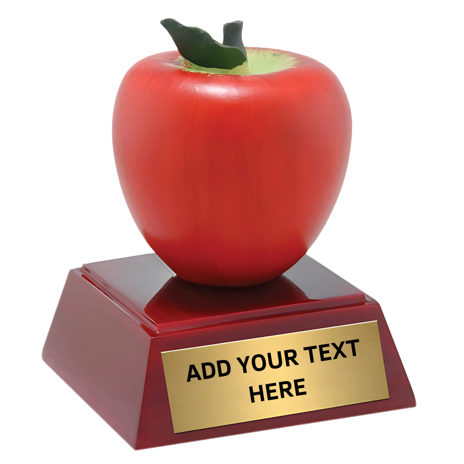 red apple on rosewood base