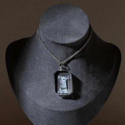 Clear rectangle crystal photo pendant necklace, close-up