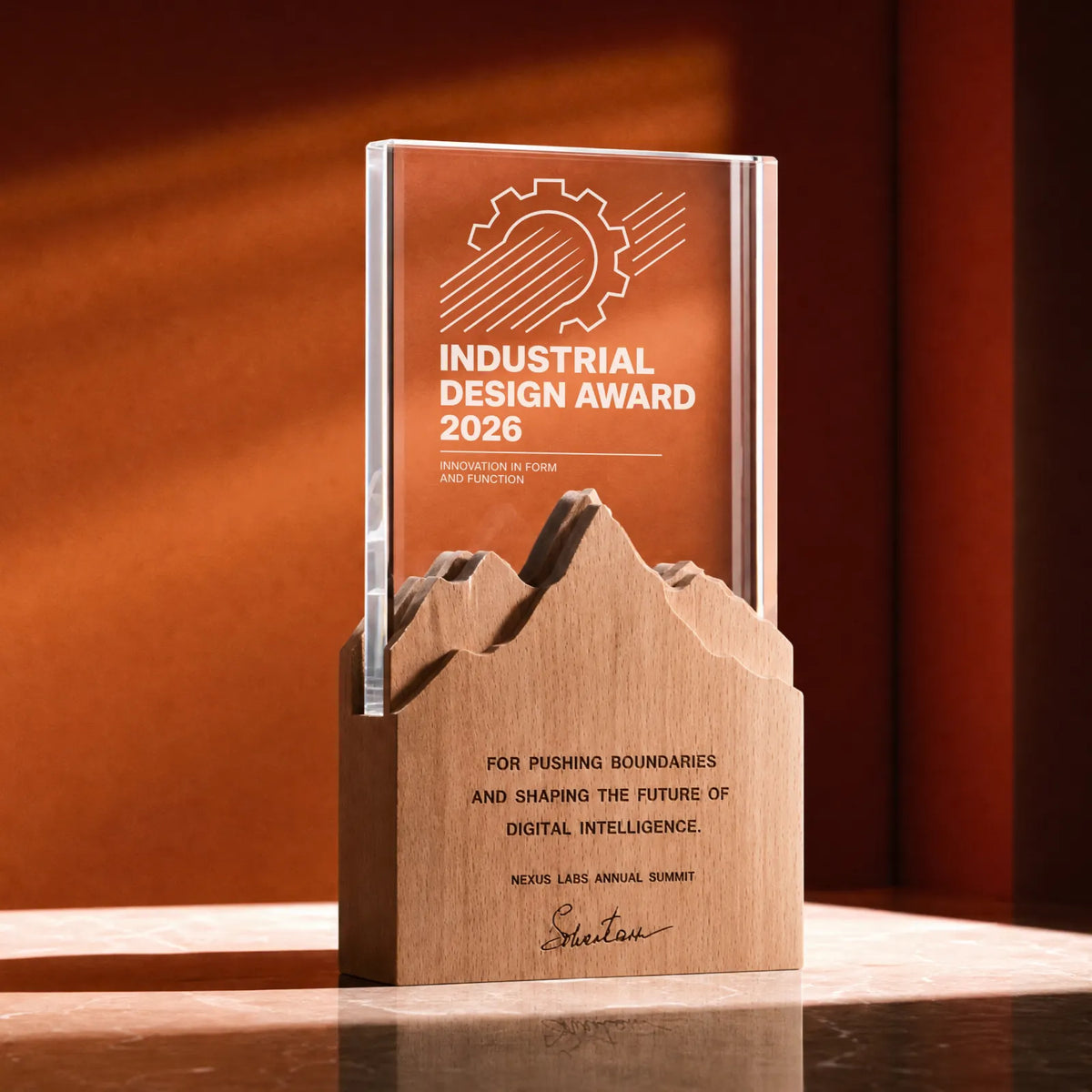 Clear rectangle crystal award set in a natural beechwood mountain-shaped base