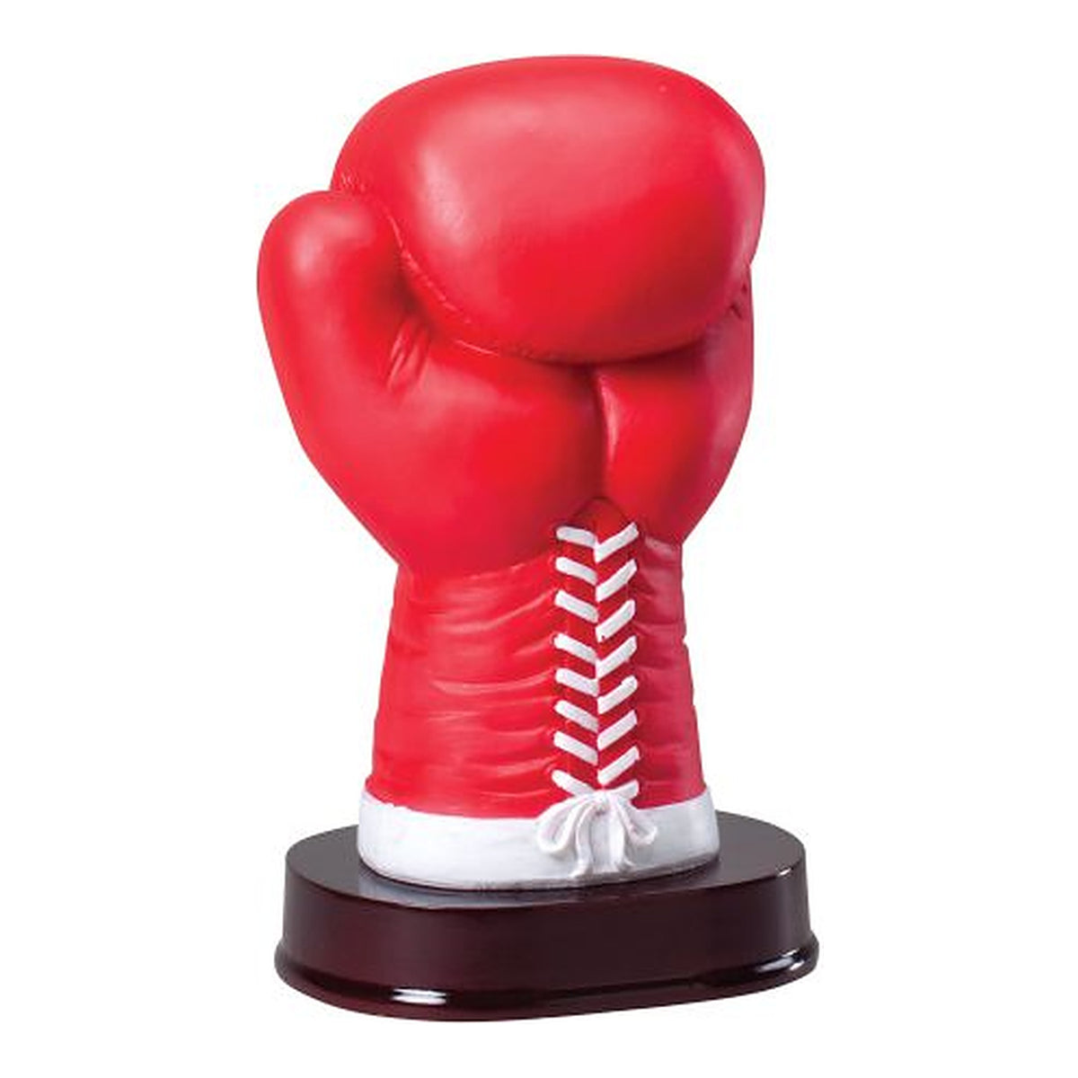Red boxing glove resin trophy on a rosewood finish base, 9 1/2 inch