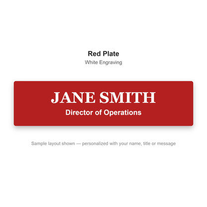 Custom engraved name plate sample - Red plate with white engraved name and title