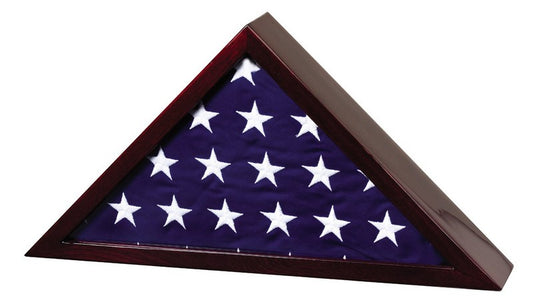 High gloss rosewood piano finish burial flag display case holding a folded 5' x 9.5' memorial casket flag behind a clear front panel