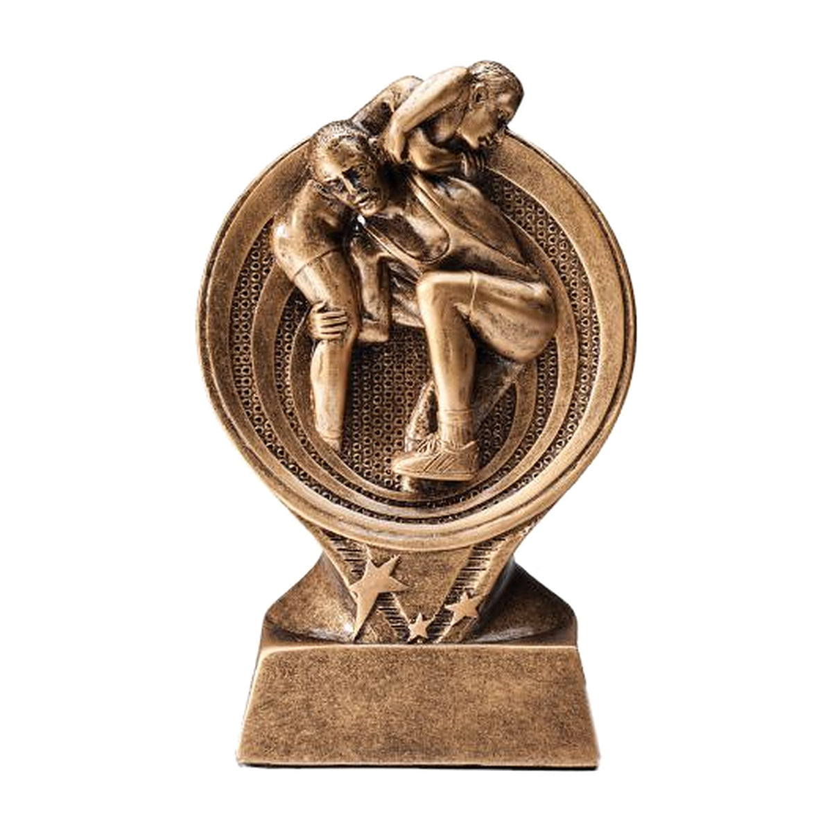 Saturn wrestling trophy in antique bronze with two wrestlers set in a round ring on a star-trimmed base