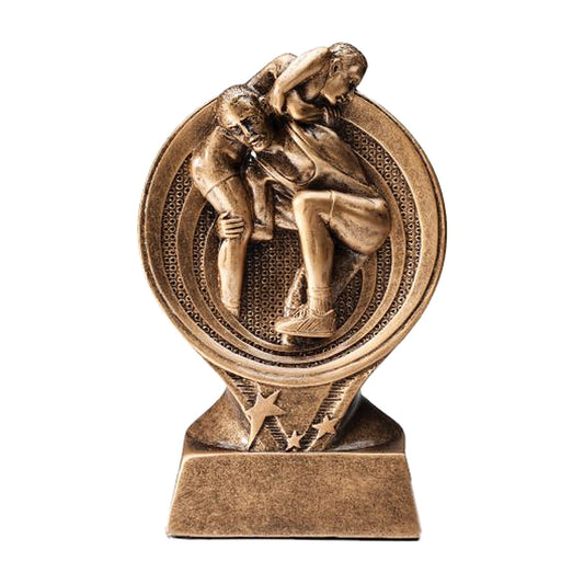 Saturn wrestling trophy in antique bronze with two wrestlers set in a round ring on a star-trimmed base