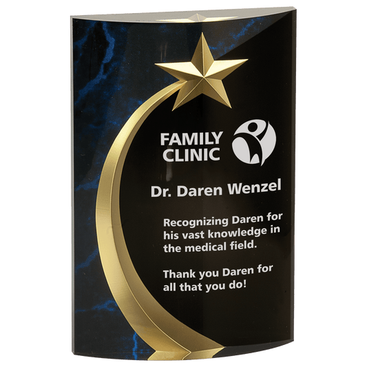 Blue Marble Rounded Shooting Star Acrylic award, 6 3/4", self-standing acrylic with clear engraving area