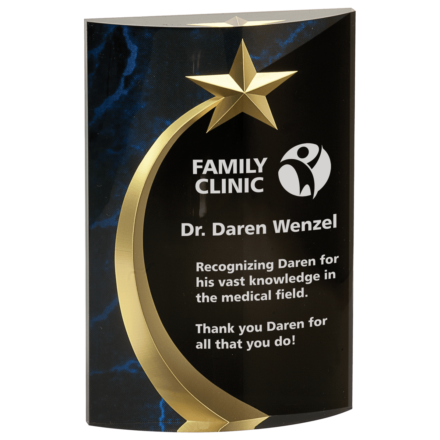 Blue Marble Rounded Shooting Star Acrylic award, 6 3/4", self-standing acrylic with clear engraving area