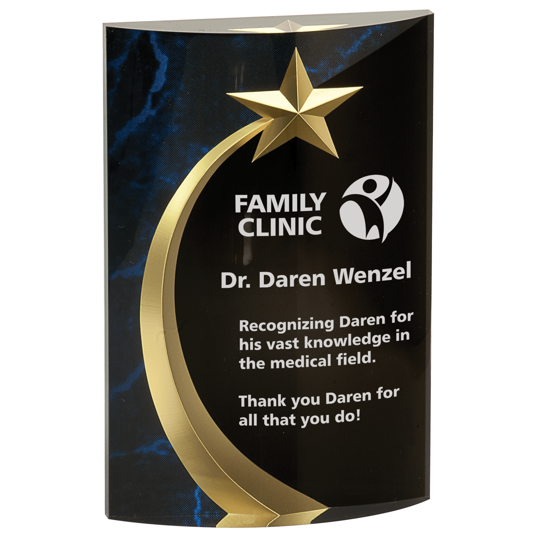 Blue Marble Rounded Shooting Star Acrylic award, 6 3/4", self-standing acrylic with clear engraving area