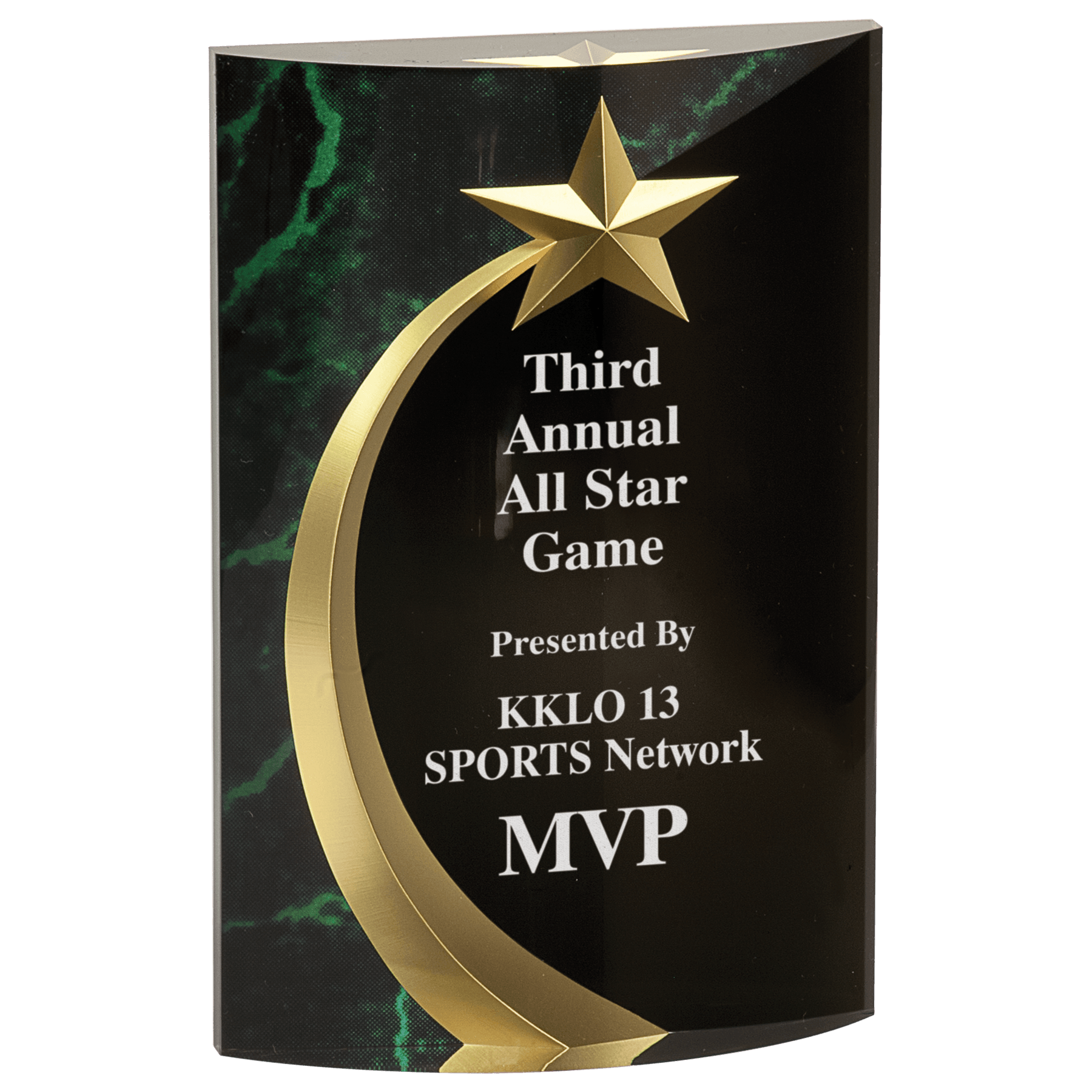 Green Marble Rounded Shooting Star Acrylic award, 6 3/4", self-standing acrylic with clear engraving area