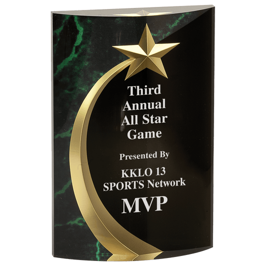 Green Marble Rounded Shooting Star Acrylic award, 6 3/4", self-standing acrylic with clear engraving area