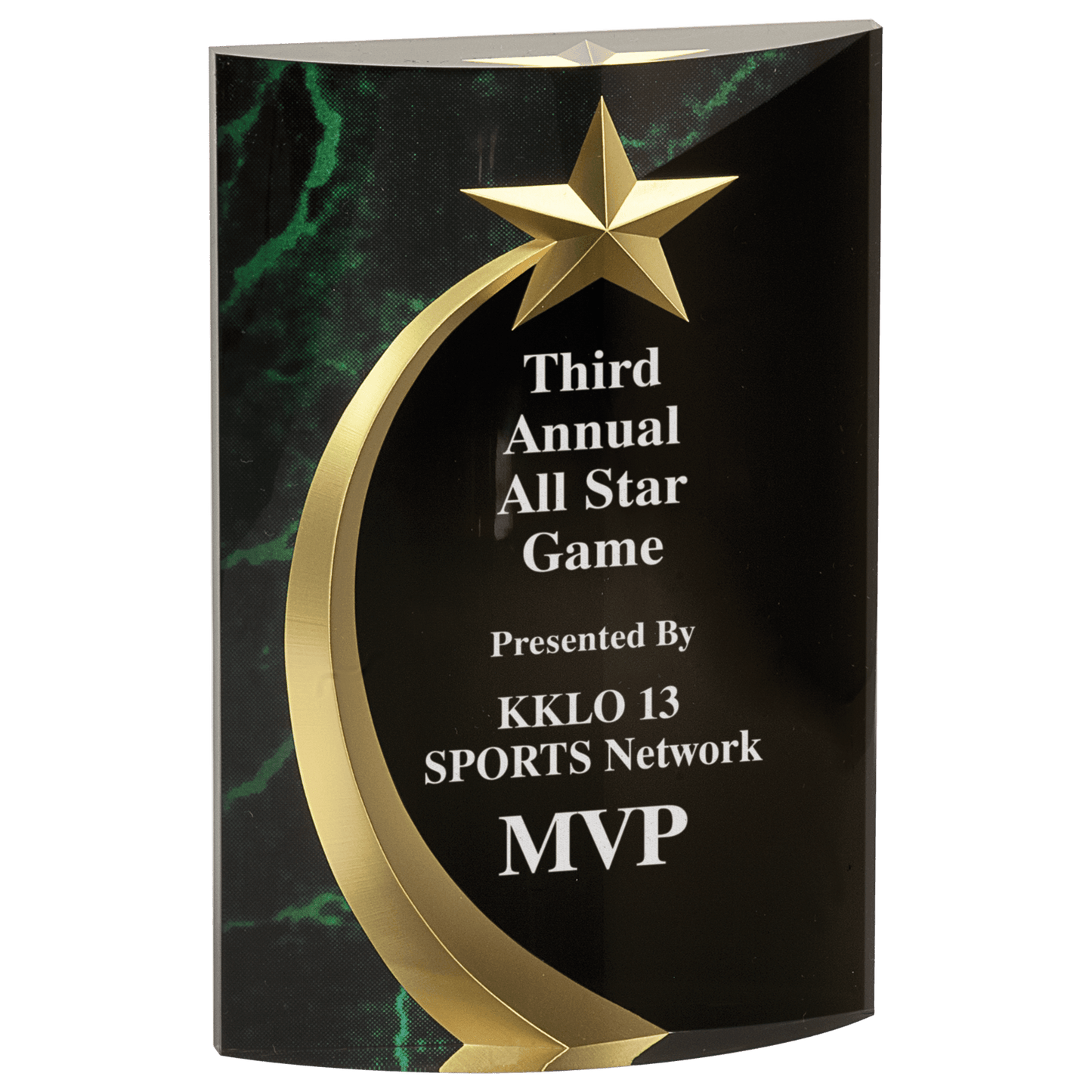 Green Marble Rounded Shooting Star Acrylic award, 6 3/4", self-standing acrylic with clear engraving area