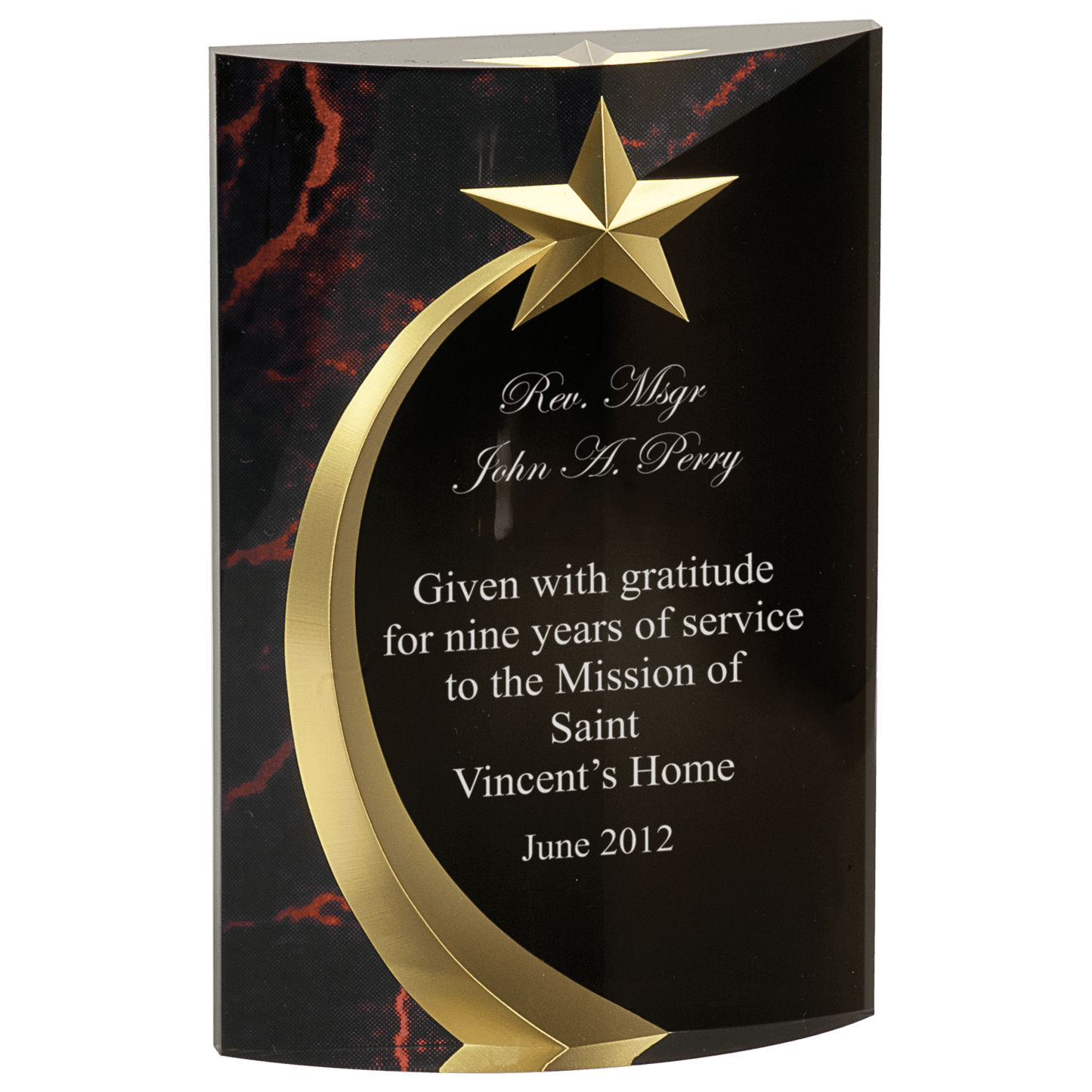 Red Marble Rounded Shooting Star Acrylic award, 6 3/4", self-standing acrylic with clear engraving area